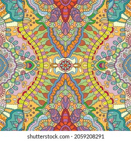 Hand drawn seamless pattern, repeating texture for textile fabric print. Colorful doodle background with geometric and floral elements. Tribal ethnic mandala ornament for scarf, shawl, hijab design