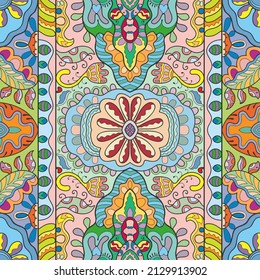 Hand drawn seamless pattern, repeating texture for textile fabric print. Colorful doodle background with geometric and floral elements. Tribal ethnic mandala ornament for scarf, shawl, hijab design