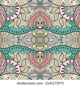 Hand drawn seamless pattern, repeating texture for textile fabric print. Colorful doodle background with geometric and floral elements. Tribal ethnic mandala ornament for scarf, shawl, hijab design