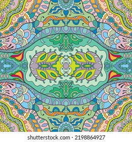 Hand drawn seamless pattern, repeating texture for textile fabric print. Colorful doodle background with geometric and floral elements. Tribal ethnic mandala ornament for scarf, shawl, hijab design