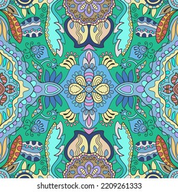 Hand drawn seamless pattern, repeating texture for textile fabric print. Colorful doodle background with geometric and floral elements. Tribal ethnic mandala ornament for scarf, shawl, hijab design