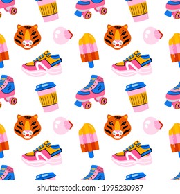 Hand drawn seamless pattern in retro style with roller skates, bubble gum, coffee, tiger and other items. White Vector background with cool elements in colorful doodle 80s-90s comic style.