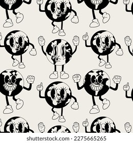 Hand drawn seamless pattern with Retro Earth mascot. Cute character in trendy retro 60s 70s cartoon style. 