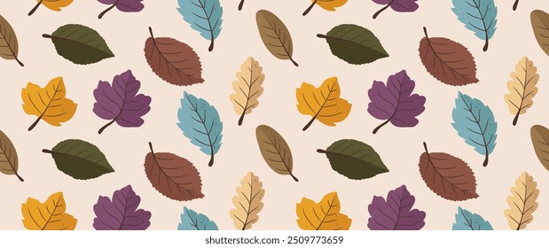 Hand drawn seamless pattern with retro colors. Cartoon different leaves perfect for fall fashion