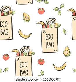 Hand drawn seamless pattern with reusable bag, fruits and vegetable textile eco pack, shopping bag.