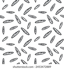 Hand drawn seamless pattern with rice seeds in monochrome sketch style isolated on white background. Agriculture background for food branding. Vintage vector illustration.