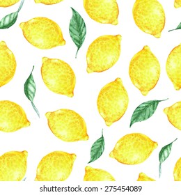 Hand drawn seamless pattern with ripe yellow lemons and leaves on the white background in vector