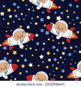 Hand Drawn Seamless Pattern Rocket illustration with Teddy Bear, kids design vector 