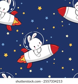 Hand Drawn Seamless Pattern Rocket illustration with Bunny, kids design vector 