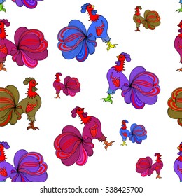 Hand drawn seamless pattern with roosters. Vintage background with colorful roosters for textile, cover, wallpaper, gift packaging, printing, scrapbooking.
