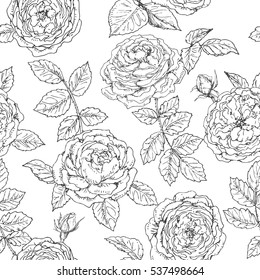 Hand drawn seamless pattern with roses. Black and white doodle floral elements. Monochrome flowers and leaves. Vector sketch.