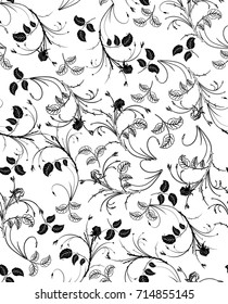 Hand drawn seamless pattern with roses. Black and white doodle floral elements. Monochrome flowers and leaves. Vector sketch.