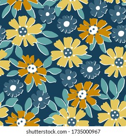 Hand drawn seamless pattern with rustic flowers and leaves on blue background. Vector design for fashion fabric, gift wrap, kitchen textiles design.
