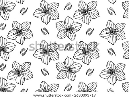Hand drawn seamless pattern of saffron flowers and beautiful pistils on black outline background, wall decoration, wedding, black and white, editable, vector design