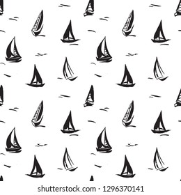 Hand drawn seamless pattern with sailboats. Isolated on white background