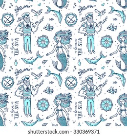 Hand drawn seamless pattern sailor and mermaid. Doodle native drawing.