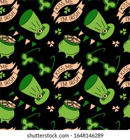 Hand drawn seamless pattern Saint Patrick's Day traditional symbols. Banner, clover, ribbon, glasses, text, leprechaun hat, pot of gold coins vector illustration isolated. Wrapping, textile, wallpaper