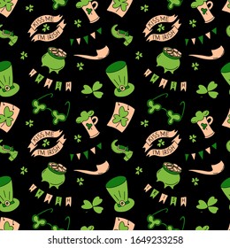 Hand drawn seamless pattern Saint Patrick's Day traditional symbols. Beer mugs, clover, ribbon, glasses, leprechaun hat, pot of gold coins vector illustration isolated. Wrapping, textile, wallpaper