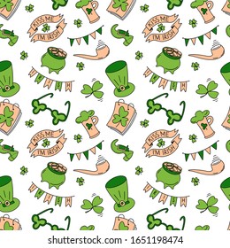 Hand drawn seamless pattern Saint Patrick's Day traditional symbols. Beer mugs, clover, ribbon, glasses, leprechaun hat, pot of gold coins vector illustration isolated. Wrapping, textile, wallpaper