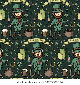 hand drawn seamless pattern with saint patricks elements. Vector line illustration. Irish pattern with clover, leprechaun, ribbon, beer, cauldron with gold, smoking pipe, balloons and horseshshoe
