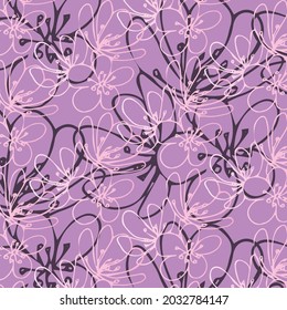 Hand drawn seamless pattern with sakura flowers. Elegant flower  repeat composition. Vector illustration.