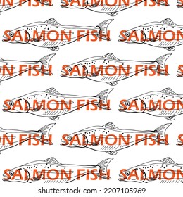 Patrón sin fisuras dibujado a mano con peces salmón y tipografía texto moderno aislado en fondo blanco
