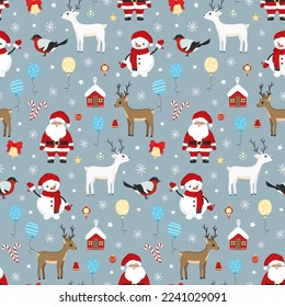 Hand drawn seamless pattern of Santa Claus, Christmas ball, deer, snowman, bird, bell, snowflake. Happy New Year and Christmas illustration for greeting card, invitation, wallpaper, wrapping paper