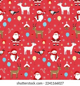 Patrón de Santa Claus, bola de Navidad, ciervo, muñeco de nieve, pájaro, campana, copo de nieve. Feliz Año Nuevo e ilustración de Navidad para tarjeta de saludo, invitación, papel tapiz, papel envolvente