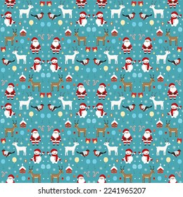 Patrón de Santa Claus, bola de Navidad, ciervo, muñeco de nieve, pájaro, campana, copo de nieve. Feliz Año Nuevo e ilustración de Navidad para tarjeta de saludo, invitación, papel tapiz, papel envolvente