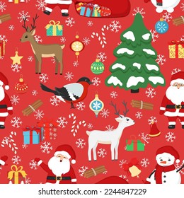 Hand drawn seamless pattern of Santa Claus, deer, snowman, gifts, bird, decorative balls, tree, snowflakes. New Year and Christmas illustration for greeting card, invitation, wallpaper, wrapping paper