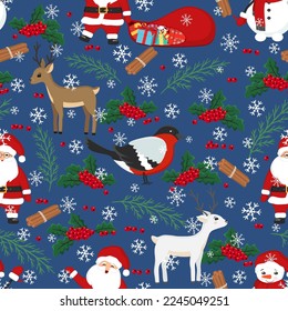 Hand drawn seamless pattern of Santa Claus, deer, snowman, gift, bird, berries, tree branches, snowflakes. New Year and Christmas illustration for greeting card, invitation, wallpaper, wrapping paper