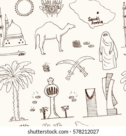 Hand drawn seamless pattern Saudi Arabia Landmarks and icons with country English and Arabic Modern concept doodle sketch vector illustration