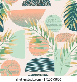 Motif harmonieux dessiné à la main dans un style minimaliste scandinave. Illustration vectorielle moderne avec feuille de palme tropicale sur texture grunge grunge grunge, formes géométriques, arrière-plan doodle. Art de l'été à l'aquarelle