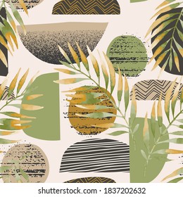 Hand drawn seamless pattern in scandinavian minimal style. Modern vector illustration with tropical palm leaf on grainy grunge textures, geometric shapes, doodles background. Watercolor summer art