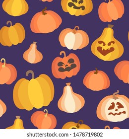 Hand drawn seamless pattern with scary and funny pumpkins. Halloween flat background. Cute vector cartoon characters