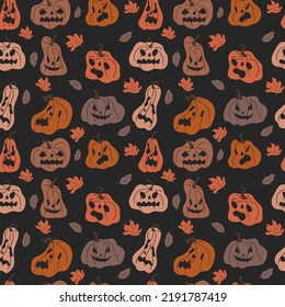 Hand drawn seamless pattern with scary faces for Halloween