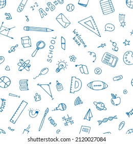 Hand drawn seamless pattern with school elements. Sketch, doodle. Back to school background. Vector illustration