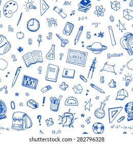 Hand drawn seamless pattern with school sign and symbol doodles elements. 