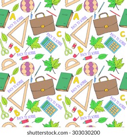 Hand drawn seamless pattern with school items
