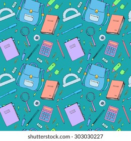 Hand drawn seamless pattern with school items