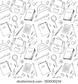 Hand drawn seamless pattern with school items
