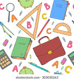 Hand drawn seamless pattern with school items