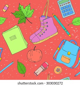 Hand drawn seamless pattern with school items