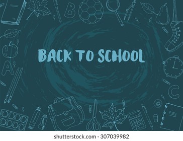 Hand drawn seamless pattern with school items