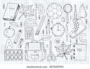 Hand drawn seamless pattern with school items