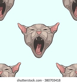 Hand drawn seamless pattern with screaming cat. Vector illustration. Design for fabric and decor
