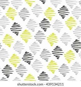 Hand drawn seamless pattern with scribbles in dark gray, light gray and yellow.