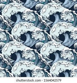 Hand drawn seamless pattern with sea waves. Vector illustration in retro style. Great for your summer designs