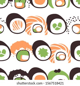 Hand drawn seamless pattern with sea food. Creative ink art work Asian dinner. Actual drawing sushi roll. Vector illustration