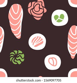 Hand drawn seamless pattern with sea food. Creative ink art work Asian dinner. Actual drawing sushi roll. Vector illustration